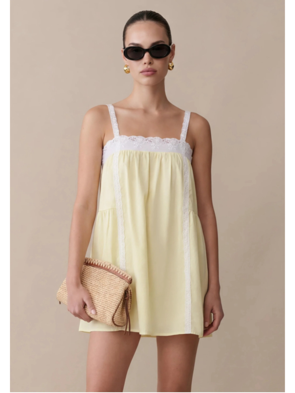 Women's kourt Florence Cotton Dress Yellow and White Lace Trim Mini Dress Size M
